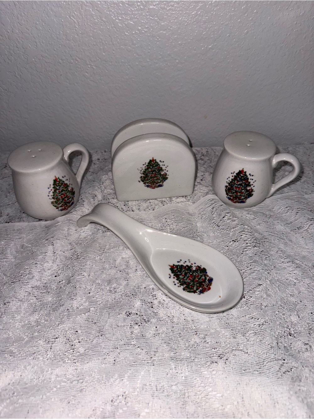 Vintage White Ceramic Holiday Tree Spoon Rest and Condiment Set